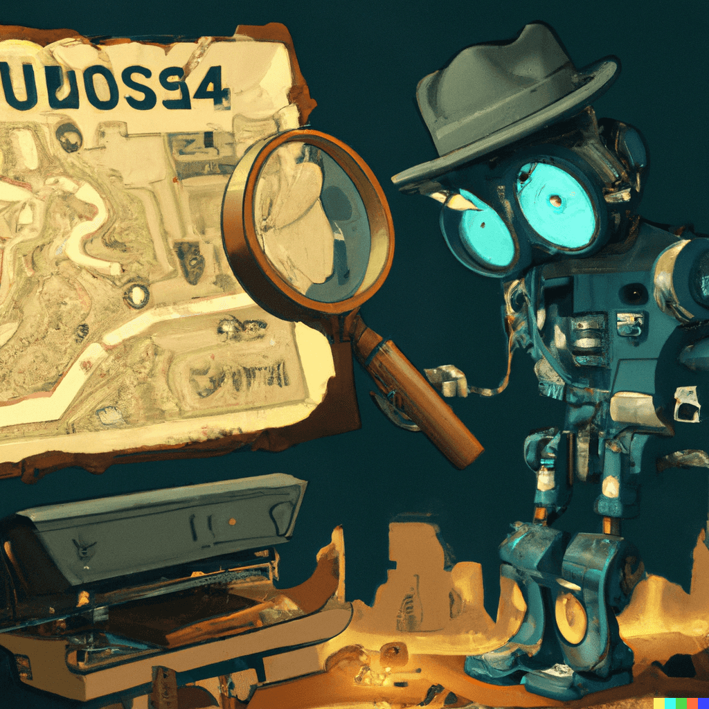 A lost robot in a stylised steampunk desert